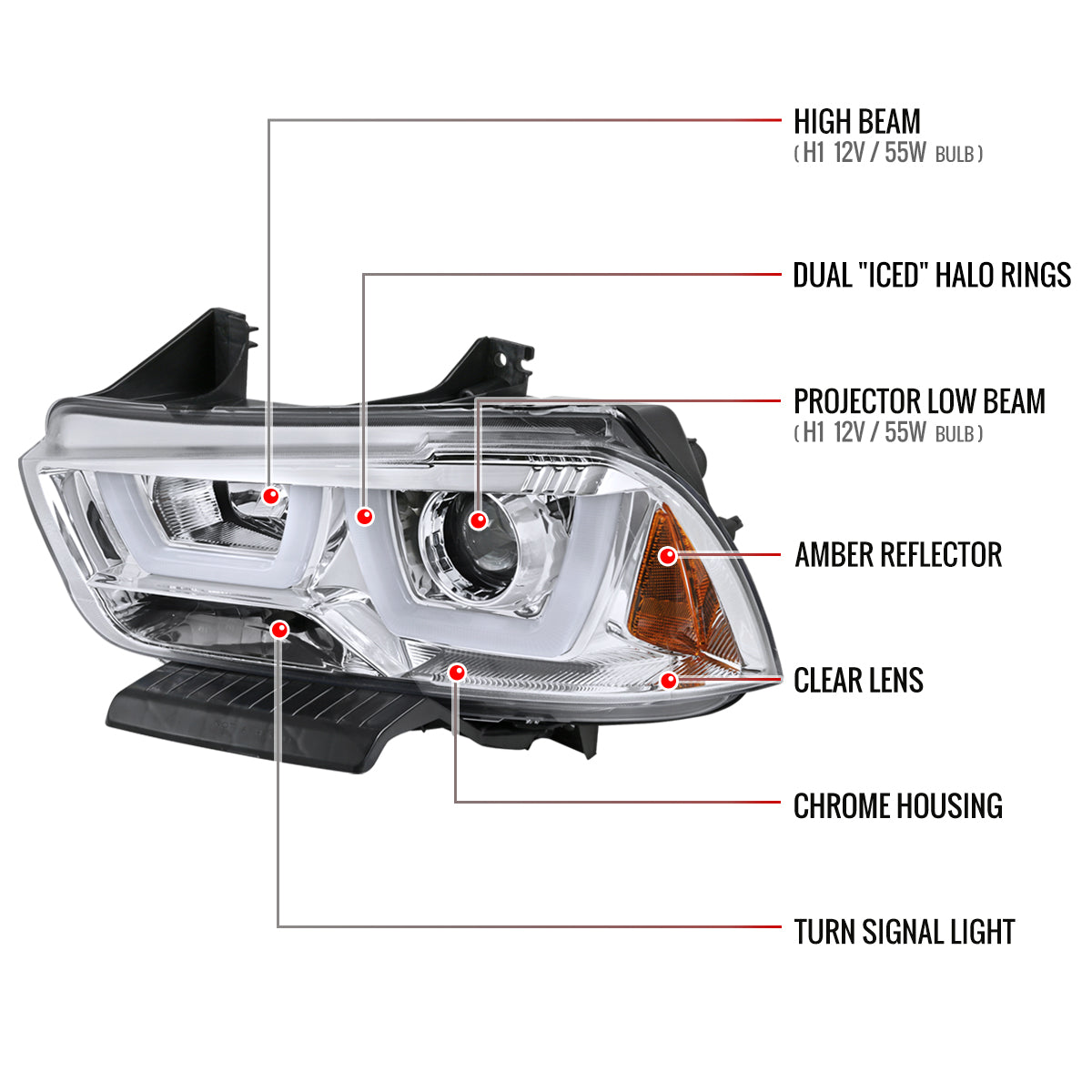 2011-2014 Dodge Charger Dual LED U-Bar Projector Headlights (Chrome Housing/Clear Lens)