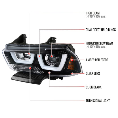 2011-2014 Dodge Charger Dual LED U-Bar Projector Headlights (Jet Black Housing/Clear Lens)