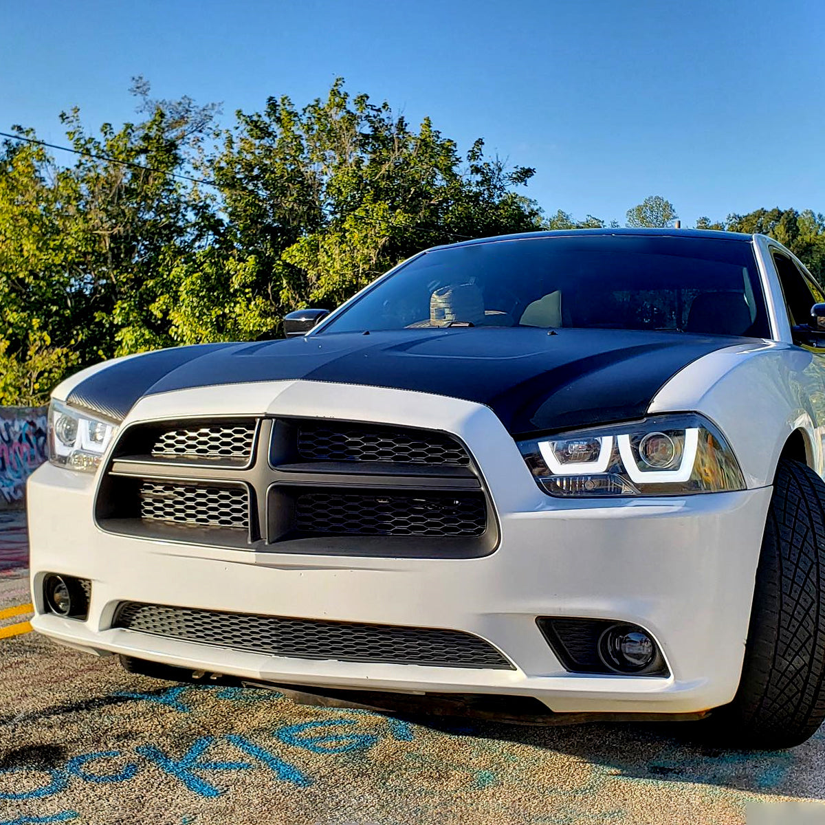 2011-2014 Dodge Charger Dual LED U-Bar Projector Headlights (Jet Black Housing/Clear Lens)