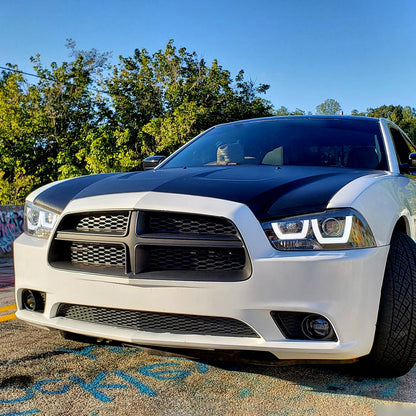 2011-2014 Dodge Charger Dual LED U-Bar Projector Headlights (Jet Black Housing/Clear Lens)