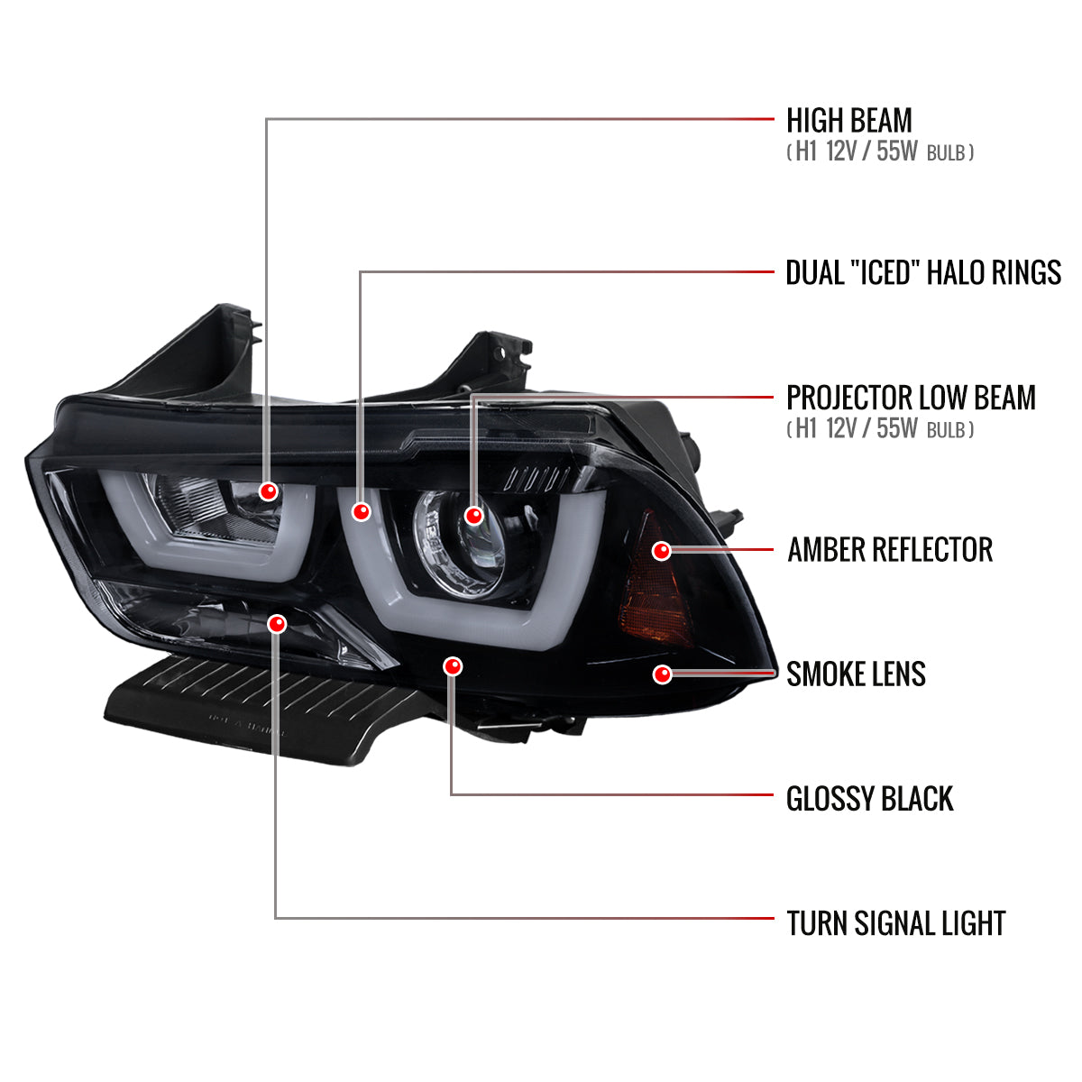 2011-2014 Dodge Charger Dual LED U-Bar Projector Headlights (Glossy Black Housing/Smoked Lens)