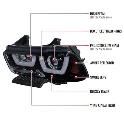 2011-2014 Dodge Charger Dual LED U-Bar Projector Headlights (Glossy Black Housing/Smoked Lens)