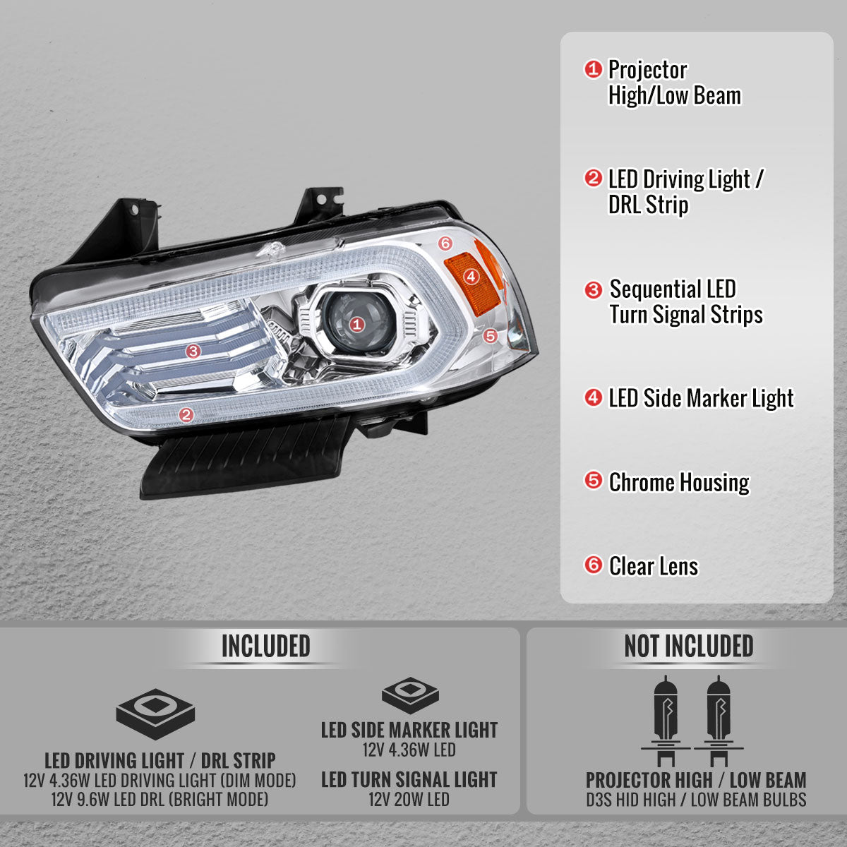 2011-2014 Dodge Charger HID Projector Headlights w/ LED DRL Light Strip Sequential Turn Signal and Side Marker  (Chrome Housing / Clear Lens)