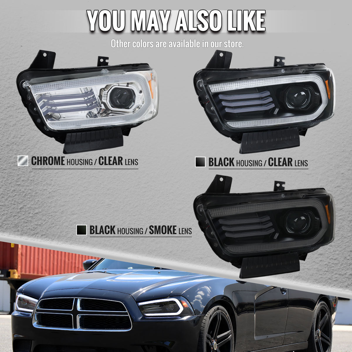 2011-2014 Dodge Charger HID Projector Headlights w/ LED DRL Light Strip Sequential Turn Signal and Side Marker  (Chrome Housing / Clear Lens)