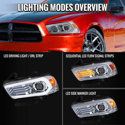 2011-2014 Dodge Charger HID Projector Headlights w/ LED DRL Light Strip Sequential Turn Signal and Side Marker  (Chrome Housing / Clear Lens)