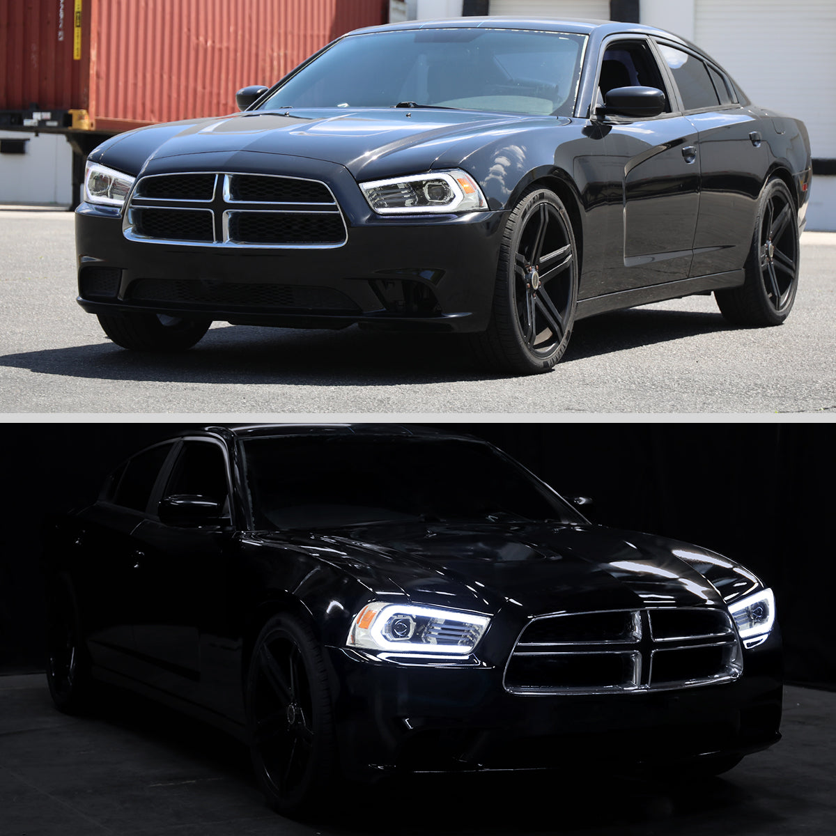 2011-2014 Dodge Charger HID Projector Headlights w/ LED DRL Light Strip Sequential Turn Signal and Side Marker  (Chrome Housing / Clear Lens)