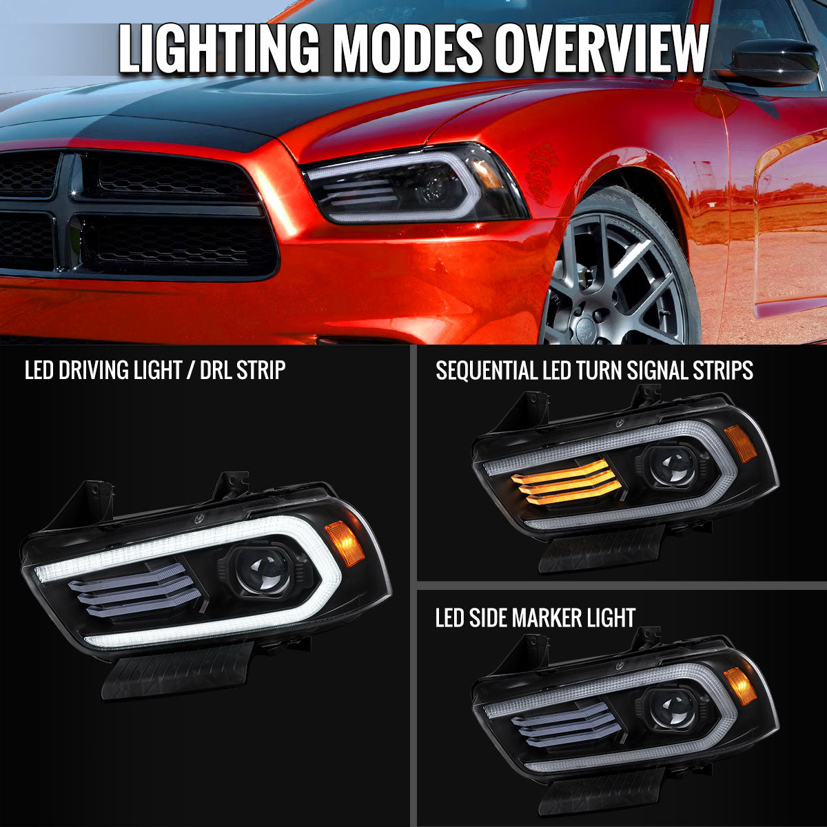2011-2014 Dodge Charger HID Projector Headlights w/ LED DRL Light Strip Sequential Turn Signal and Side Marker  (Black Housing / Clear Lens)