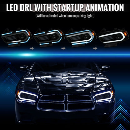 2011-2014 Dodge Charger HID Projector Headlights w/ LED DRL Light Strip Sequential Turn Signal and Side Marker  (Black Housing / Smoked Lens)