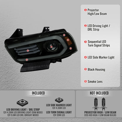 2011-2014 Dodge Charger HID Projector Headlights w/ LED DRL Light Strip Sequential Turn Signal and Side Marker  (Black Housing / Smoked Lens)