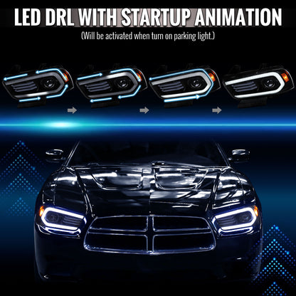 2011-2014 Dodge Charger Projector Headlights w/ LED DRL Light Strip Sequential Turn Signal and Side Marker  (Black Housing / Clear Lens)
