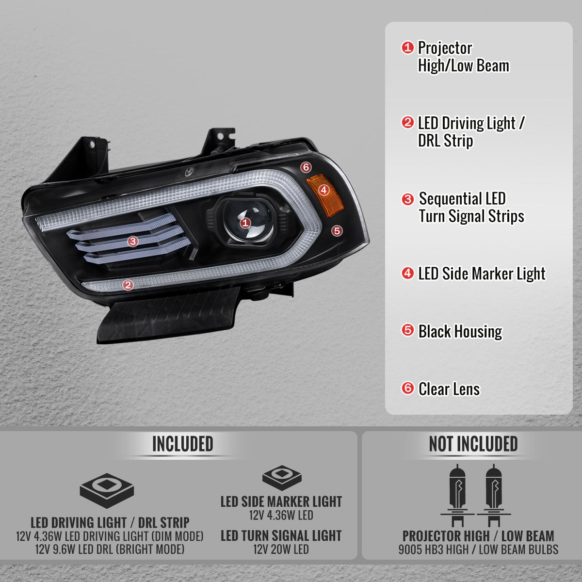 2011-2014 Dodge Charger Projector Headlights w/ LED DRL Light Strip Sequential Turn Signal and Side Marker  (Black Housing / Clear Lens)