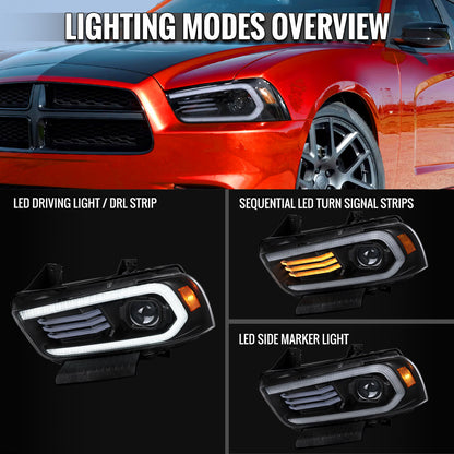 2011-2014 Dodge Charger Projector Headlights w/ LED DRL Light Strip Sequential Turn Signal and Side Marker  (Black Housing / Clear Lens)