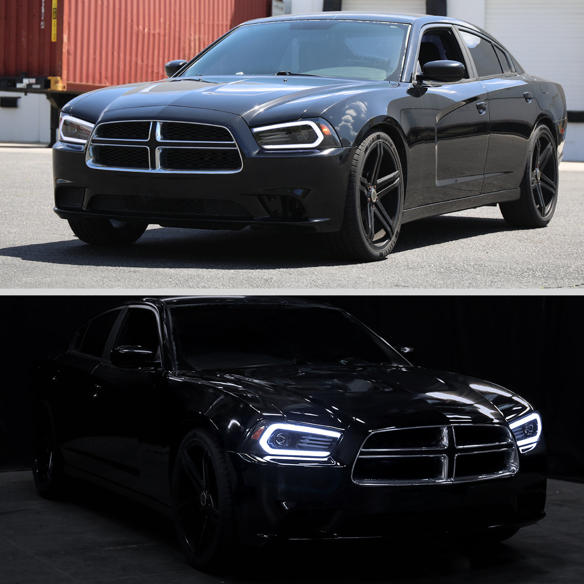 2011-2014 Dodge Charger Projector Headlights w/ LED DRL Light Strip Sequential Turn Signal and Side Marker  (Black Housing / Clear Lens)
