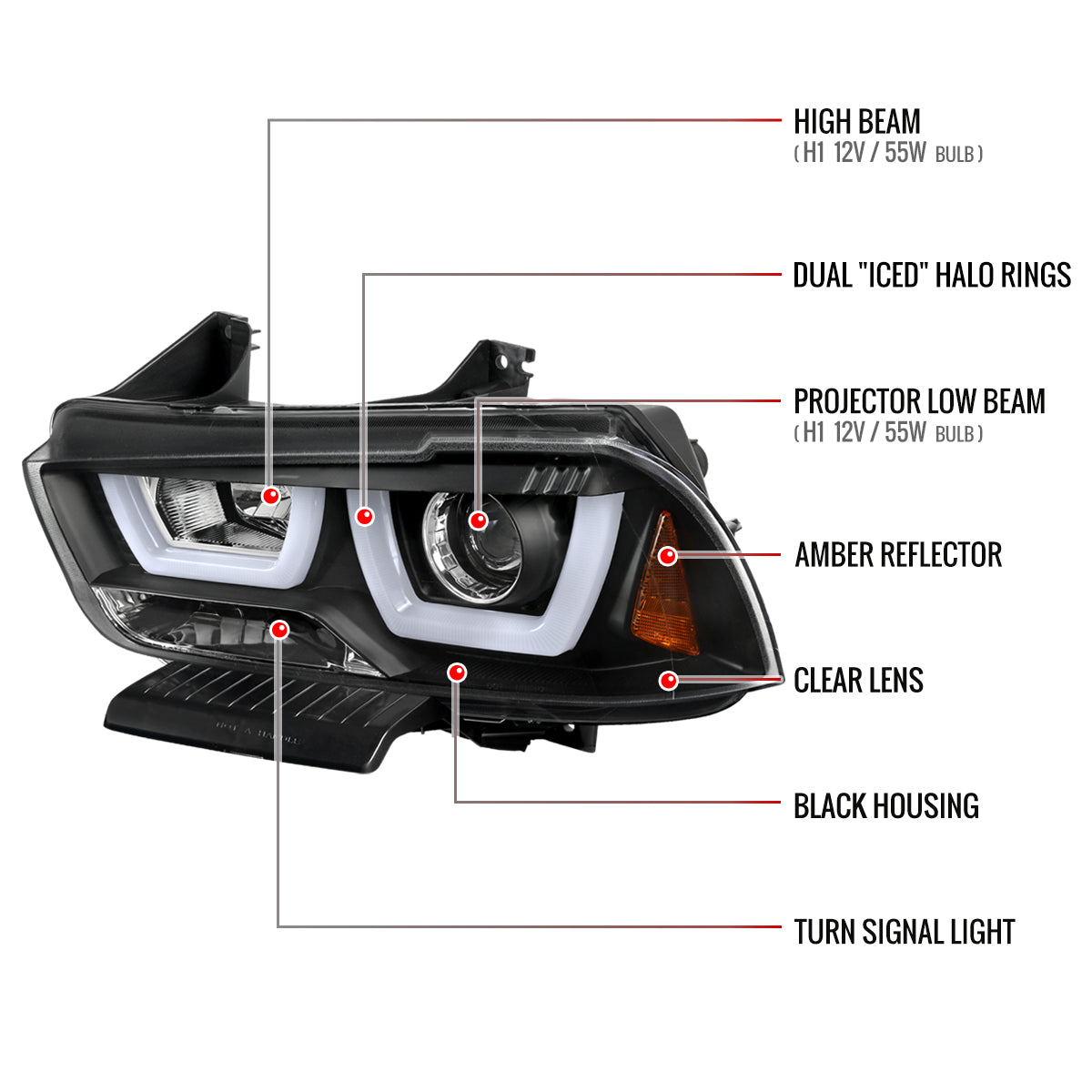 2011-2014 Dodge Charger Dual Halo Projector Headlights (Matte Black Housing/Clear Lens)