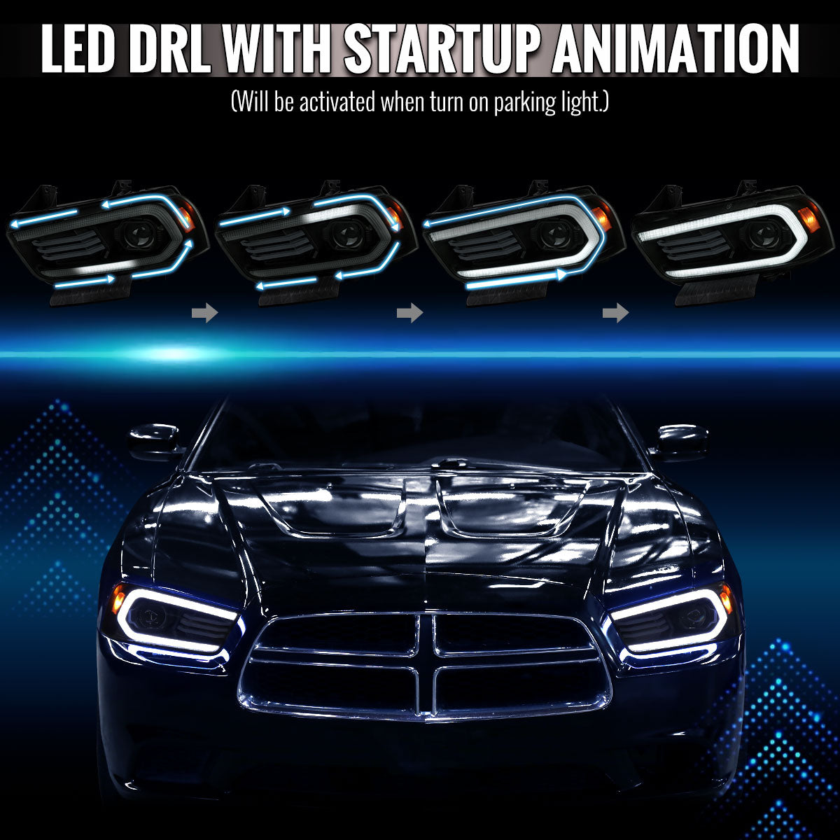 2011-2014 Dodge Charger Projector Headlights w/ LED DRL Light Strip Sequential Turn Signal and Side Marker  (Black Housing / Smoked Lens)