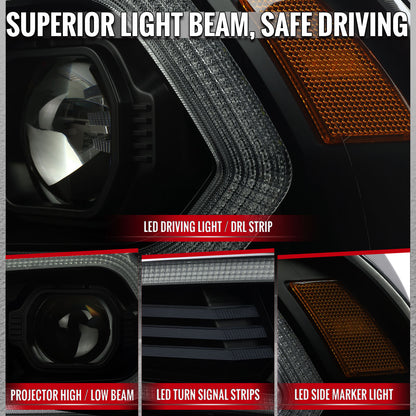 2011-2014 Dodge Charger Projector Headlights w/ LED DRL Light Strip Sequential Turn Signal and Side Marker  (Black Housing / Smoked Lens)