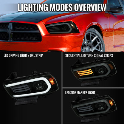 2011-2014 Dodge Charger Projector Headlights w/ LED DRL Light Strip Sequential Turn Signal and Side Marker  (Black Housing / Smoked Lens)
