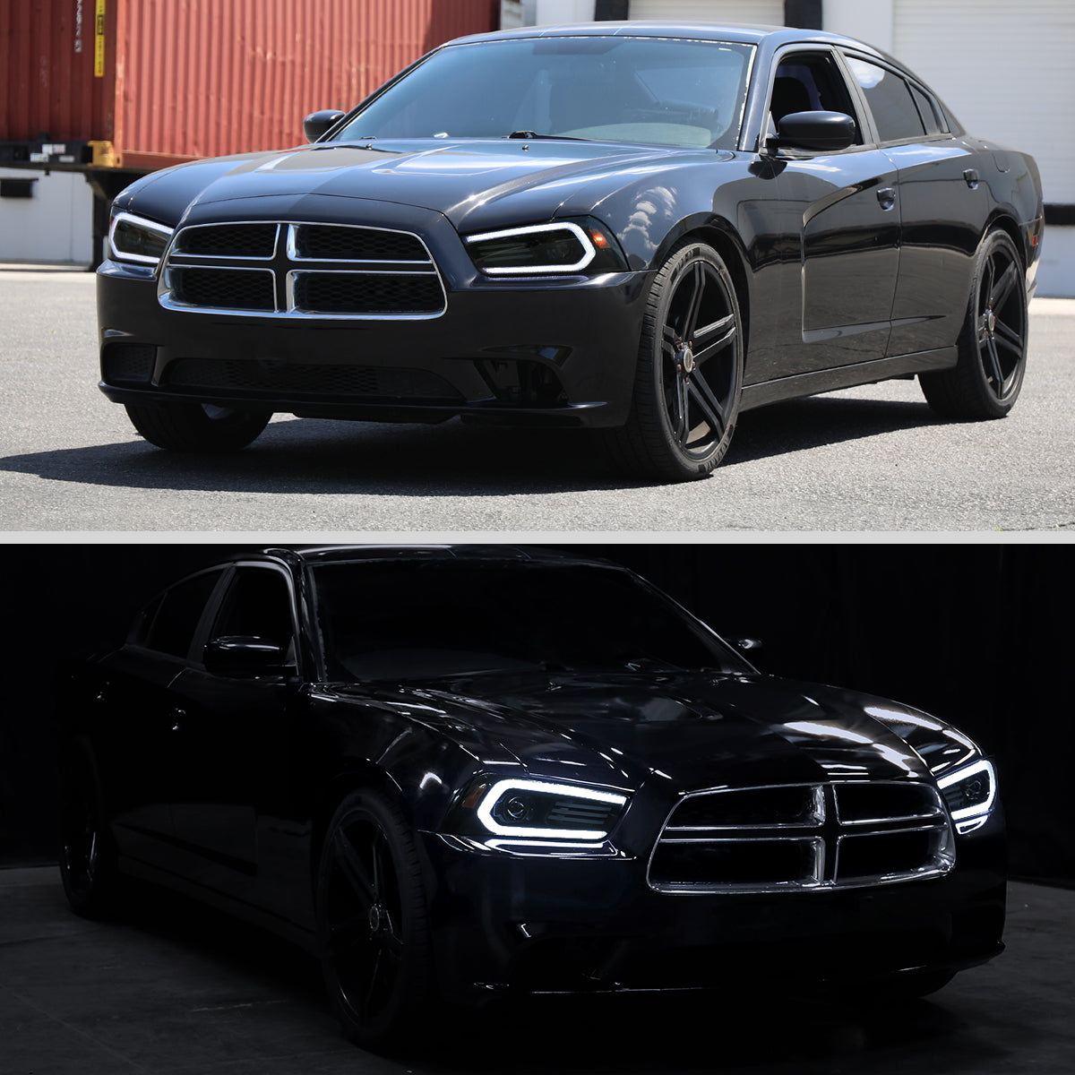 2011-2014 Dodge Charger Projector Headlights w/ LED DRL Light Strip Sequential Turn Signal and Side Marker  (Black Housing / Smoked Lens)