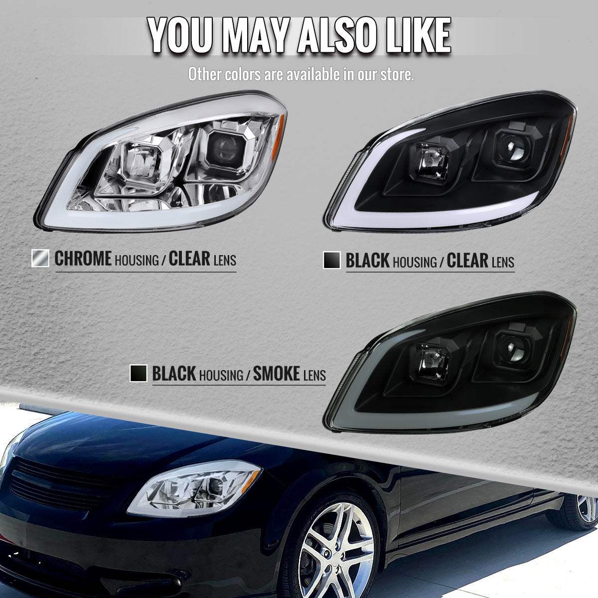 2005â€“2010 Chevrolet Cobalt Pontiac G5/Pursuit Projector Headlights w/ Switchback LED Turn Signal DRL Light Strip (Chrome Housing / Clear Lens)