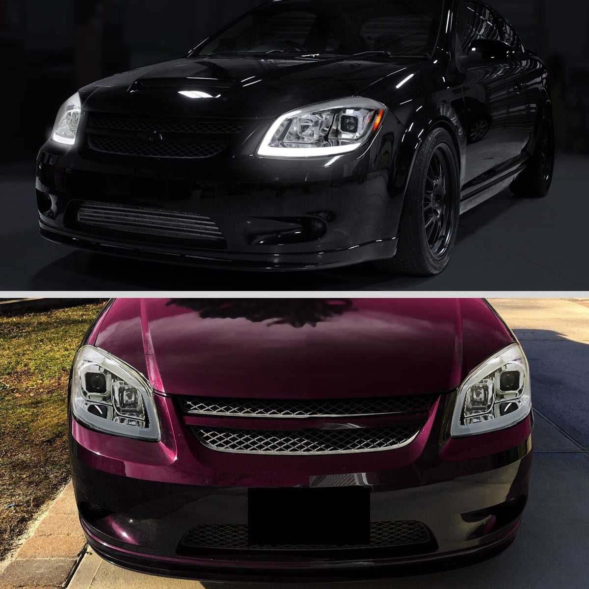 2005â€“2010 Chevrolet Cobalt Pontiac G5/Pursuit Projector Headlights w/ Switchback LED Turn Signal DRL Light Strip (Chrome Housing / Clear Lens)