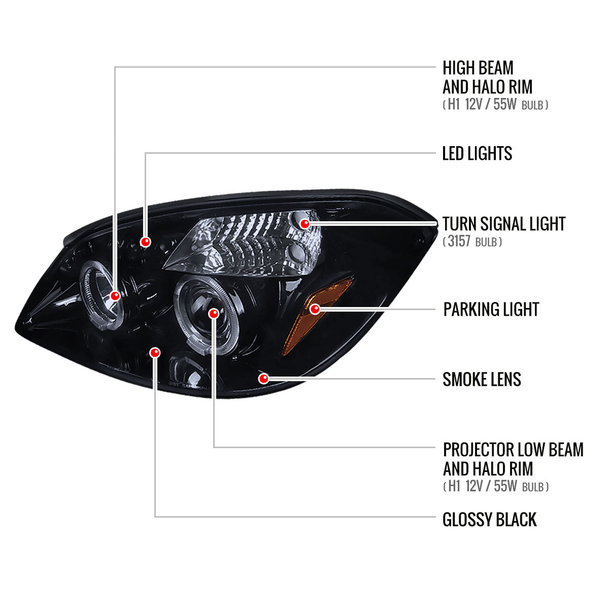 2005-2010 Chevrolet Cobalt Pontiac G5/Pursuit Dual Halo Projector Headlights (Glossy Black Housing/Smoked Lens)