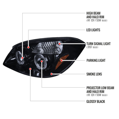 2005-2010 Chevrolet Cobalt Pontiac G5/Pursuit Dual Halo Projector Headlights (Glossy Black Housing/Smoked Lens)