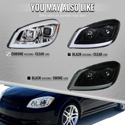 2005â€“2010 Chevrolet Cobalt Pontiac G5/Pursuit LED Bar Projector Headlights w/ LED DRL Light Tube (Matte Black Housing / Clear Lens)