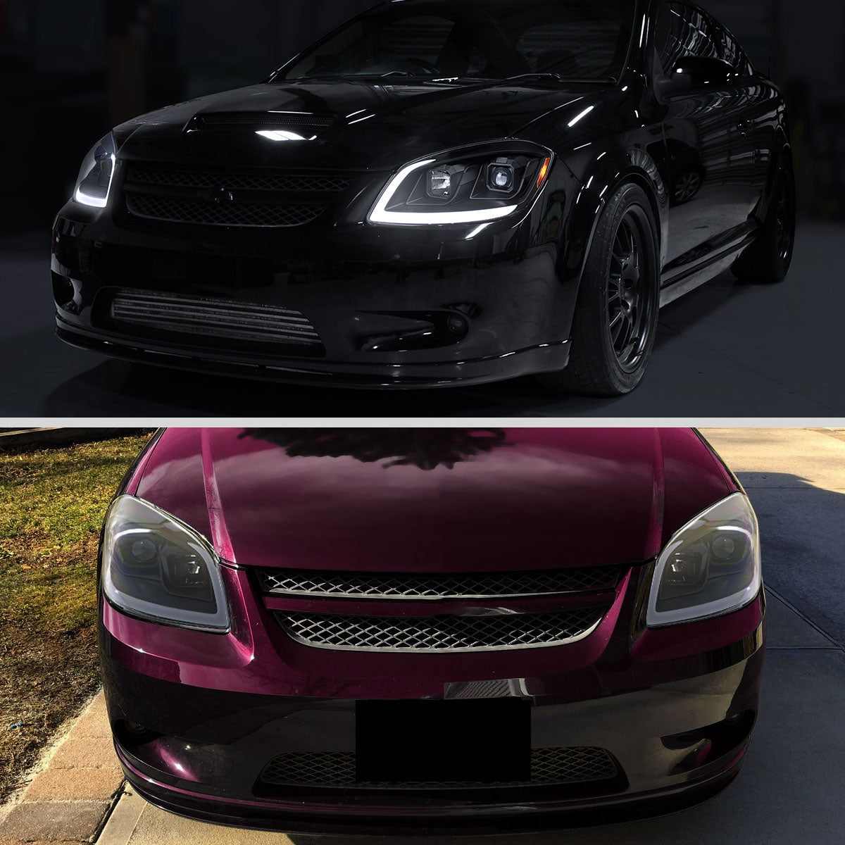 2005â€“2010 Chevrolet Cobalt Pontiac G5/Pursuit LED Bar Projector Headlights w/ LED DRL Light Tube (Matte Black Housing / Clear Lens)