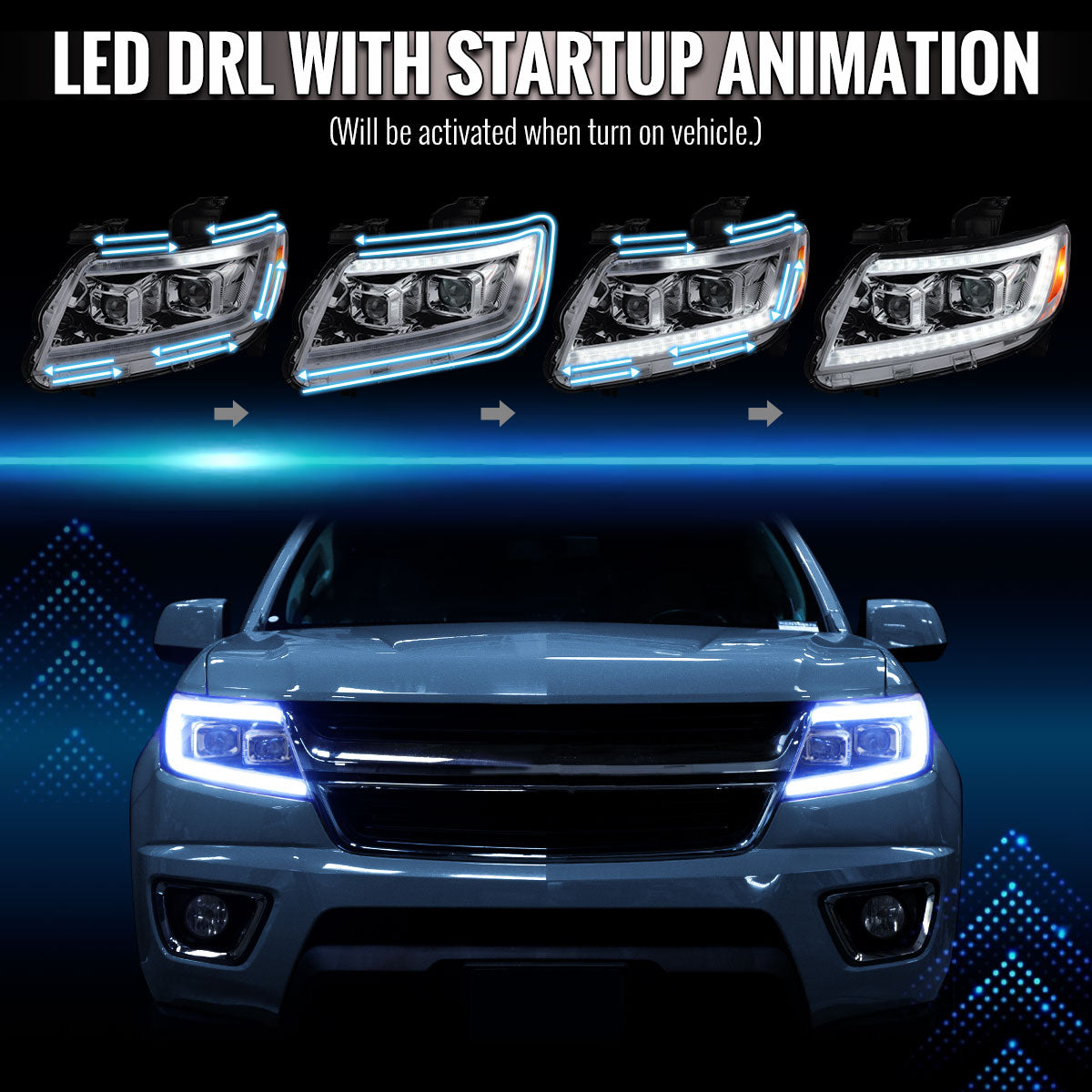 2015-2022 Chevrolet Colorado Projector Headlights w/ LED DRL Light Strip Sequential Turn Signal and Side Marker  (Chrome Housing / Clear Lens)