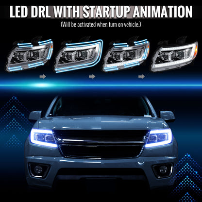 2015-2022 Chevrolet Colorado Projector Headlights w/ LED DRL Light Strip Sequential Turn Signal and Side Marker  (Chrome Housing / Clear Lens)
