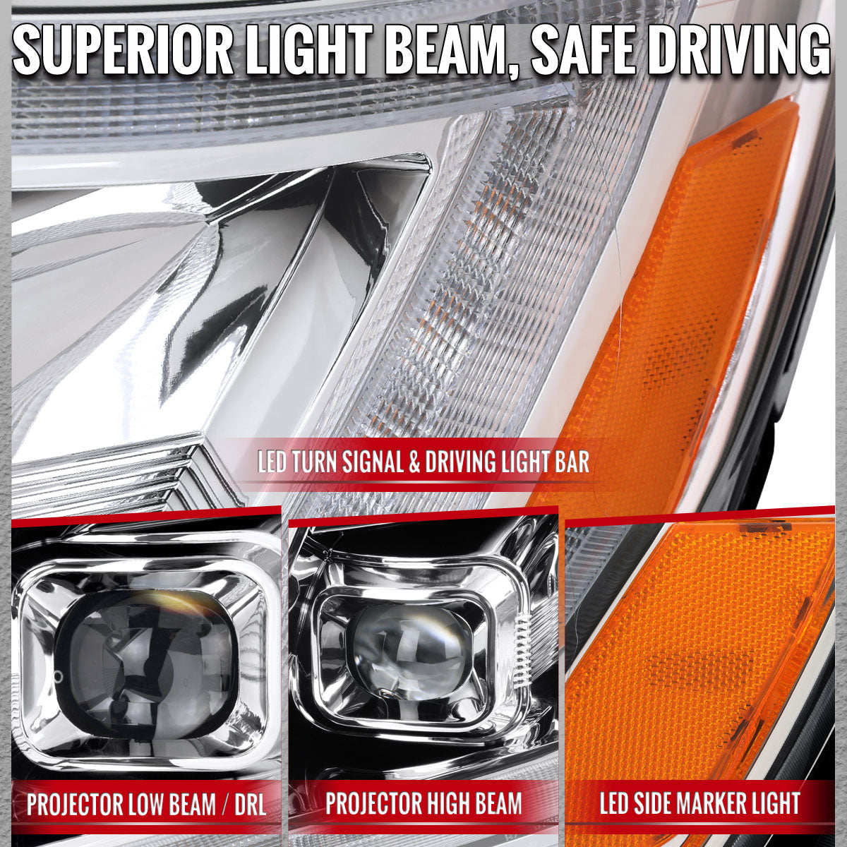 2015-2022 Chevrolet Colorado Projector Headlights w/ LED DRL Light Strip Sequential Turn Signal and Side Marker  (Chrome Housing / Clear Lens)