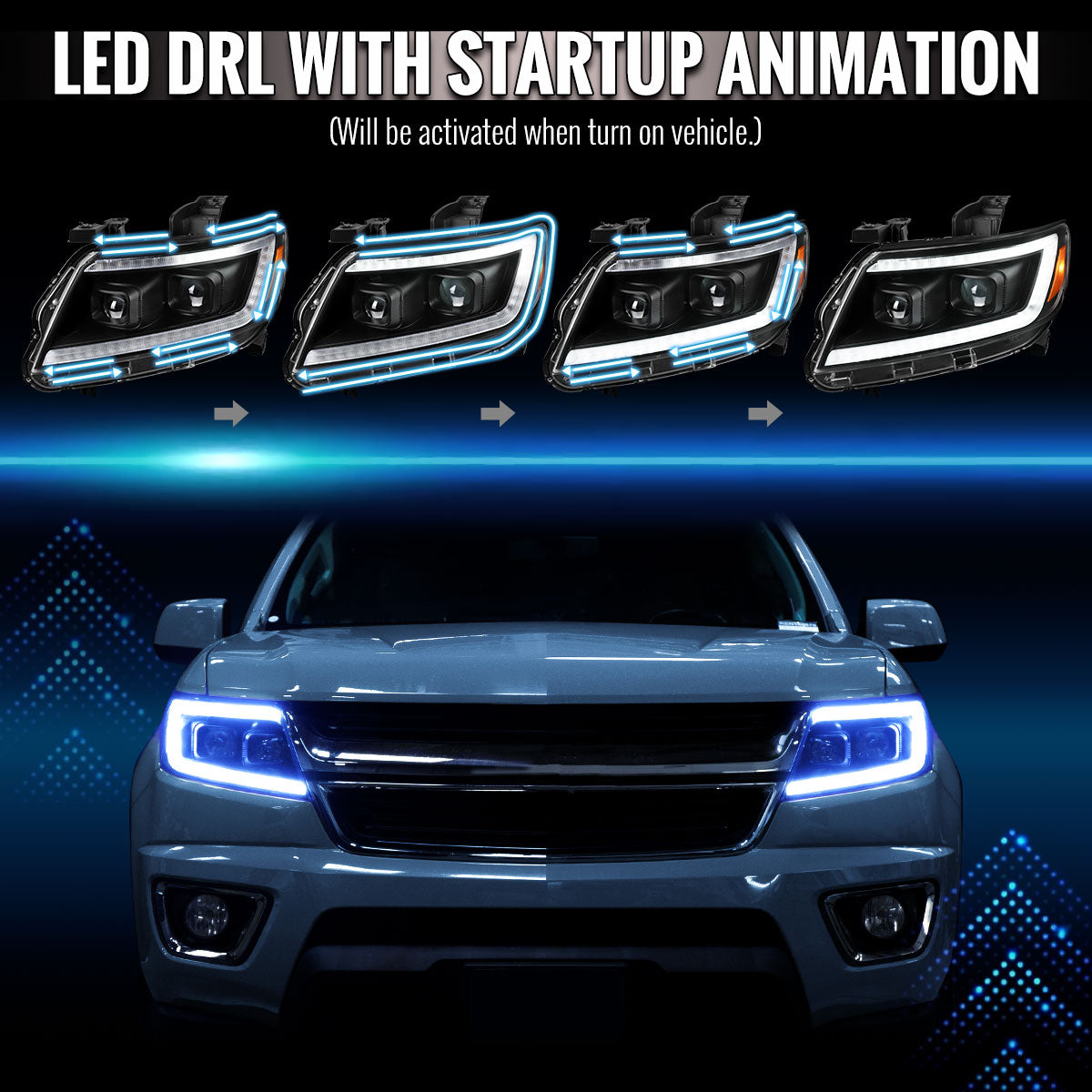 2015-2022 Chevrolet Colorado Projector Headlights w/ LED DRL Light Strip Sequential Turn Signal and Side Marker  (Black Housing / Clear Lens)