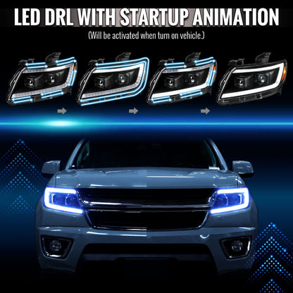 2015-2022 Chevrolet Colorado Projector Headlights w/ LED DRL Light Strip Sequential Turn Signal and Side Marker  (Black Housing / Clear Lens)