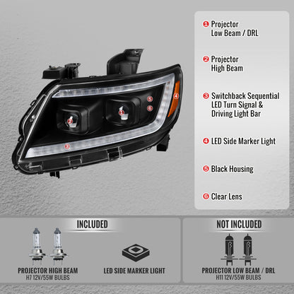 2015-2022 Chevrolet Colorado Projector Headlights w/ LED DRL Light Strip Sequential Turn Signal and Side Marker  (Black Housing / Clear Lens)