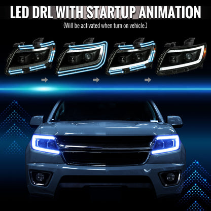 2015-2022 Chevrolet Colorado Projector Headlights w/ LED DRL Light Strip Sequential Turn Signal and Side Marker  (Black Housing / Smoked Lens)