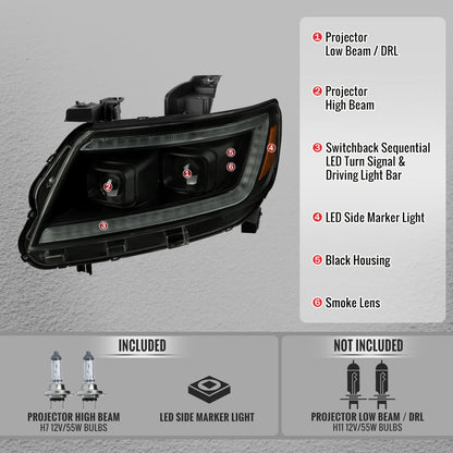 2015-2022 Chevrolet Colorado Projector Headlights w/ LED DRL Light Strip Sequential Turn Signal and Side Marker  (Black Housing / Smoked Lens)