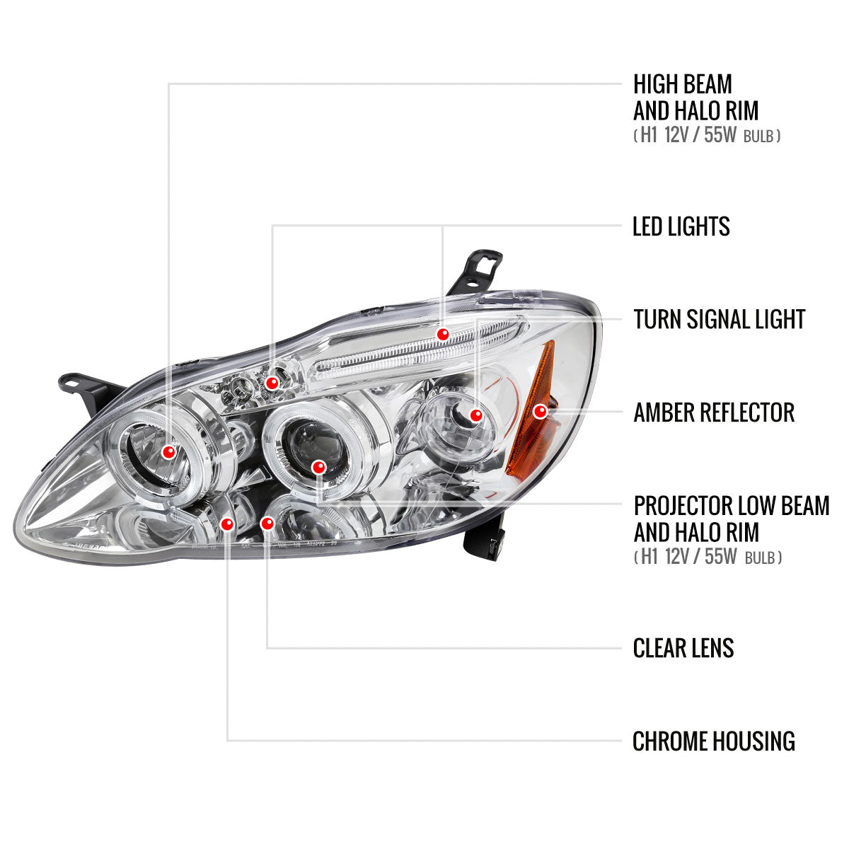 2003-2008 Toyota Corolla Dual Halo Projector Headlights (Chrome Housing/Clear Lens)