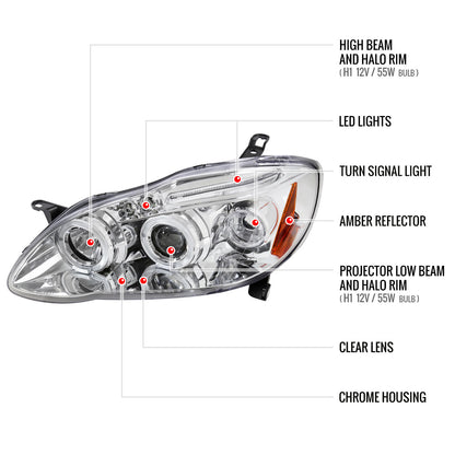 2003-2008 Toyota Corolla Dual Halo Projector Headlights (Chrome Housing/Clear Lens)