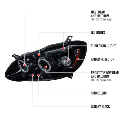 2003-2008 Toyota Corolla Dual Halo Projector Headlights (Glossy Black Housing/Smoked Lens)