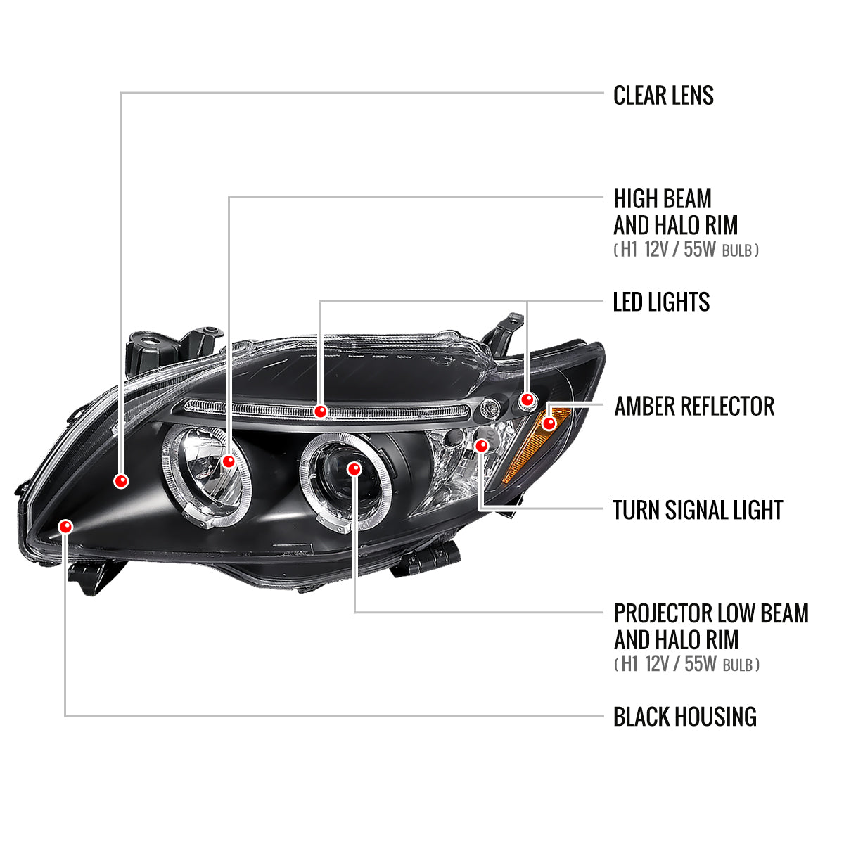 2009-2010 Toyota Corolla Dual Halo Projector Headlights (Matte Black Housing/Clear Lens)