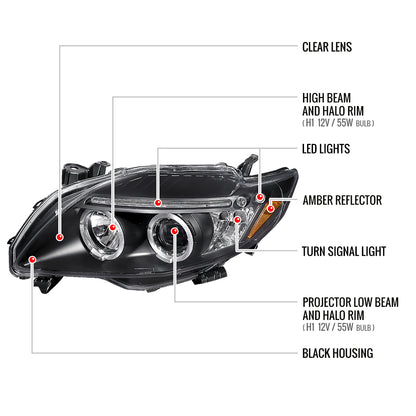 2009-2010 Toyota Corolla Dual Halo Projector Headlights (Matte Black Housing/Clear Lens)