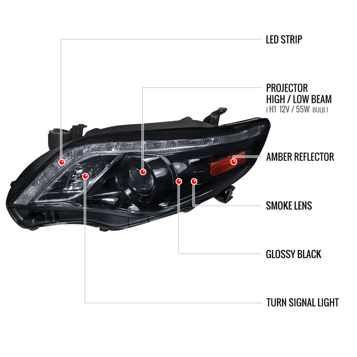 2011-2013 Toyota Corolla Projector Headlights w/ LED Light Strip (Glossy Black Housing/Smoked Lens)