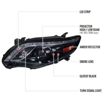 2011-2013 Toyota Corolla Projector Headlights w/ LED Light Strip (Glossy Black Housing/Smoked Lens)