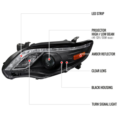 2011-2013 Toyota Corolla Projector Headlights w/ LED Light Strip (Matte Black Housing/Clear Lens)
