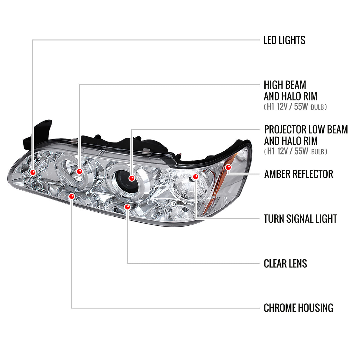 1993-1997 Toyota Corolla Dual Halo Projector Headlights (Chrome Housing/Clear Lens)