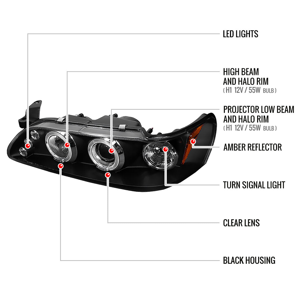 1993-1997 Toyota Corolla Dual Halo Projector Headlights (Matte Black Housing/Clear Lens)