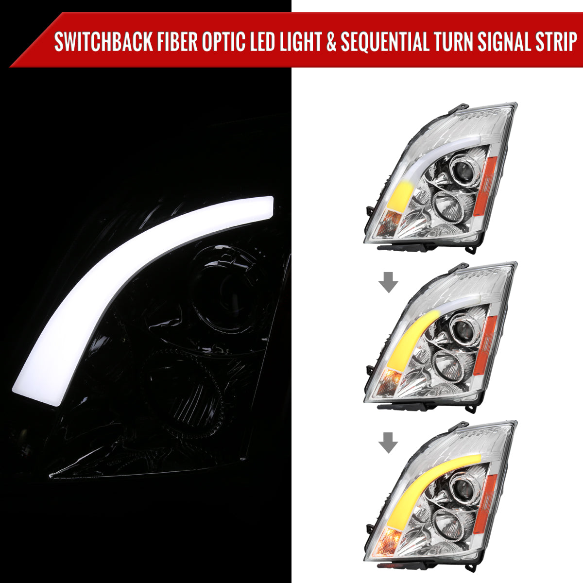 2008-2014 Cadillac CTS Switchback Sequential LED Bar Projector Headlights (Chrome Housing/Clear Lens)