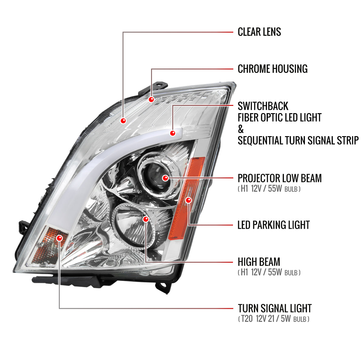 2008-2014 Cadillac CTS Switchback Sequential LED Bar Projector Headlights (Chrome Housing/Clear Lens)