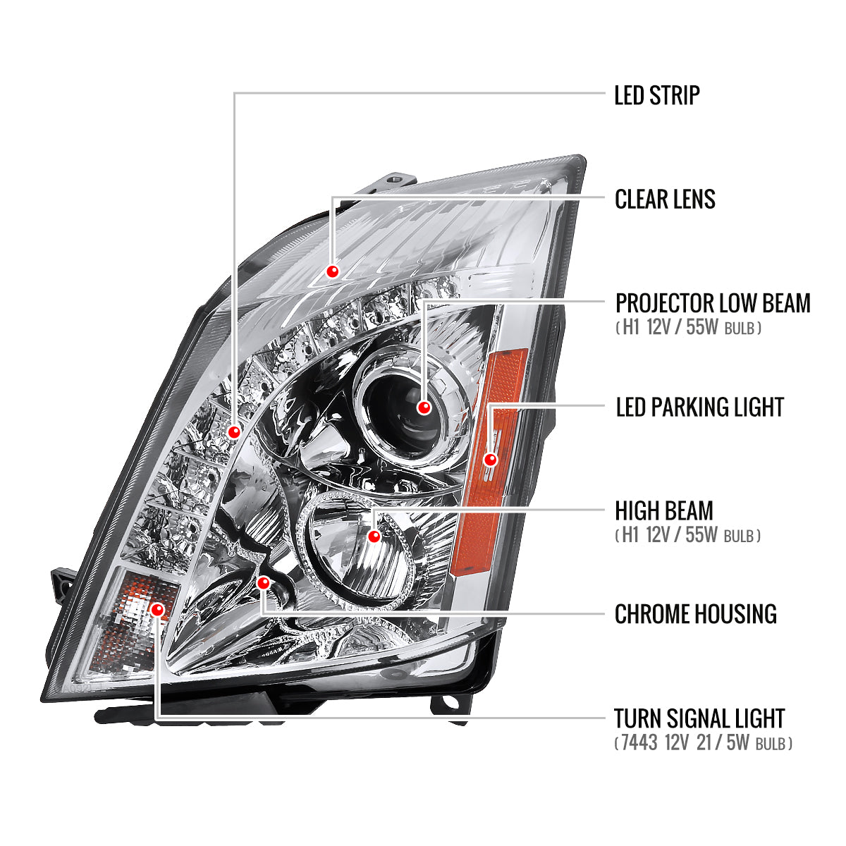 2008-2014 Cadillac CTS Projector Headlights w/LED Light Strip (Chrome Housing/Clear Lens)