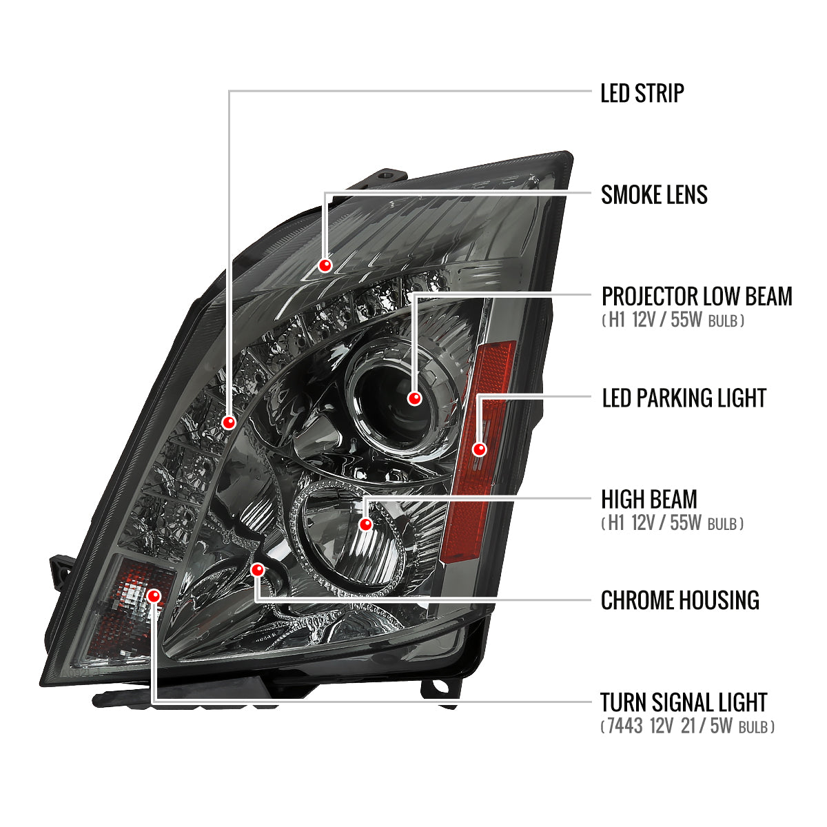 2008-2014 Cadillac CTS SMD LED Light Strip Projector Headlights (Chrome Housing/Smoked Lens)